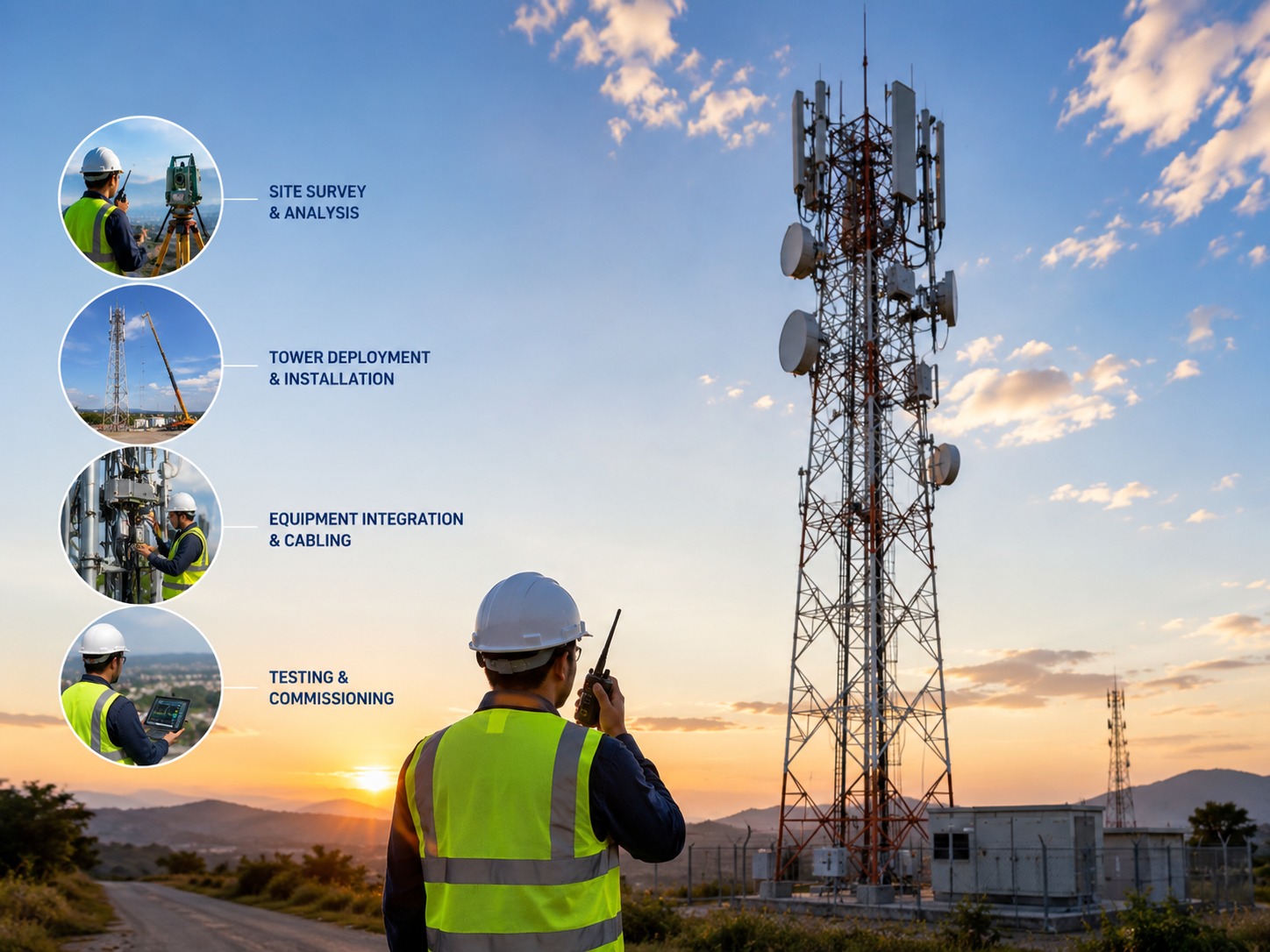 Technician working on telecom tower